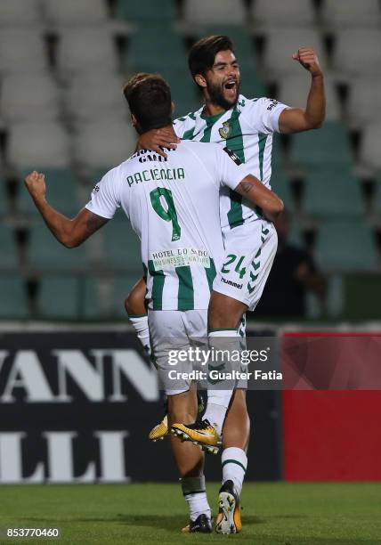 Vitoria Setubal forward Joao Amaral celebrates with teammate Vitoria Setubal forward Goncalo Paciencia after scoring a goal during the Primeira Liga...