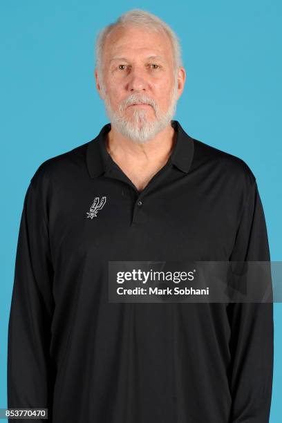 Gregg Popovich of the San Antonio Spurs poses for a head shot during media day in San Antonio, Texas at AT&T Center on September 25, 2017. NOTE TO...