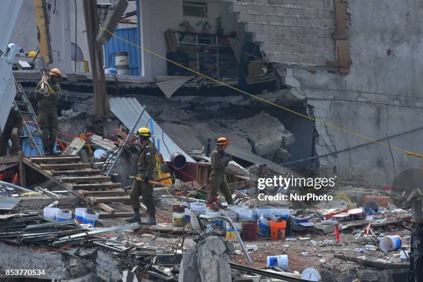 Internationals and Mexican Rescuers are seen continued rescue work with the hope finds bodies with life at Roma neighborhood on September 25, 2017 in...
