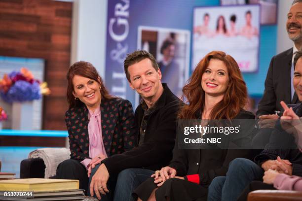 Pictured: The cast of Will & Grace: Megan Mullally, Sean Hayes, Debra Messing talk with Megyn Kelly on Monday, September 25, 2017 --