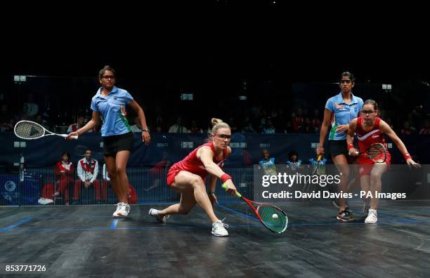 England's Jenny Duncalf and Laura Massaro during their Silver medal match in the Women's Doubles Squash at Scotstoun Sports Campus, during the 2014...