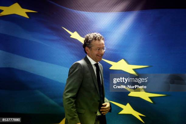 Eurogroup chief Jeroen Dijsselbloem arrives to a press conference at the Finance Ministry, after his meeting with Greek Fin. Minister, in Athens on...