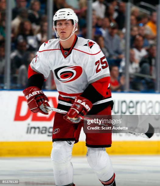 Joni Pitkanen of the Carolina Hurricanes skates against the Tampa Bay Lightning at the St. Pete Times Forum on March 7, 2009 in Tampa, Florida.