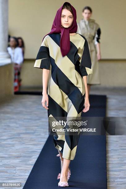 Model walks the runway at the Mila Schon Ready to Wear Spring/summer 2018 fashion show during Milan Fashion Week Spring/Summer 2018 on September 24,...