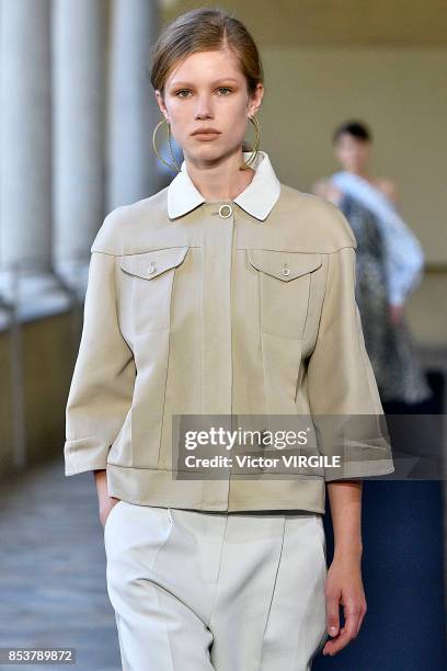 Model walks the runway at the Mila Schon Ready to Wear Spring/summer 2018 fashion show during Milan Fashion Week Spring/Summer 2018 on September 24,...