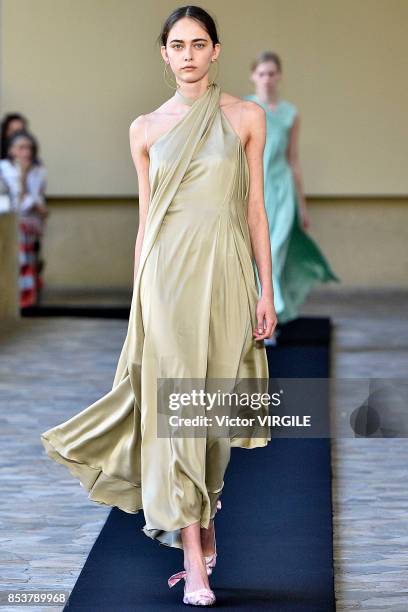 Model walks the runway at the Mila Schon Ready to Wear Spring/summer 2018 fashion show during Milan Fashion Week Spring/Summer 2018 on September 24,...