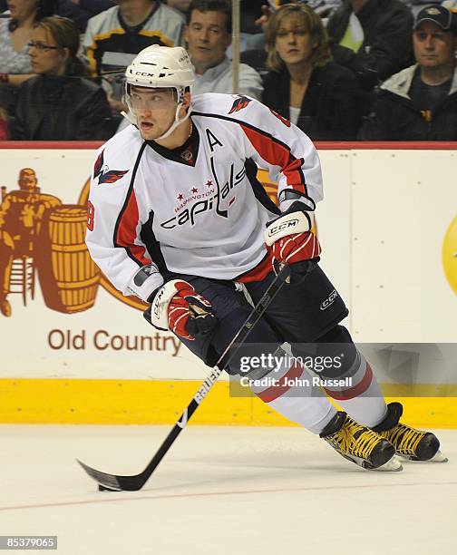 Alex Ovechkin of the Washington Capitals skates against the Nashville Predators on March 10, 2009 at the Sommet Center in Nashville, Tennessee.