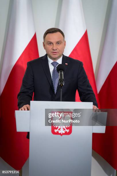 President of Poland Andrzej Duda speaks during the press conference about Polish judicary system reforms at Presidential Palace in Warsaw, Poland on...