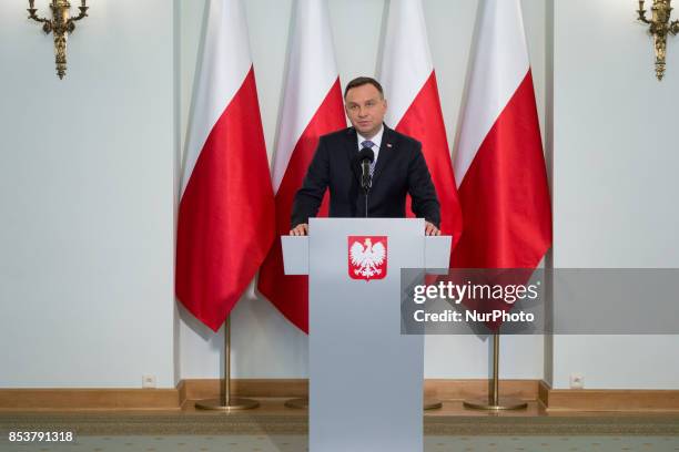 President of Poland Andrzej Duda speaks during the press conference about Polish judicary system reforms at Presidential Palace in Warsaw, Poland on...