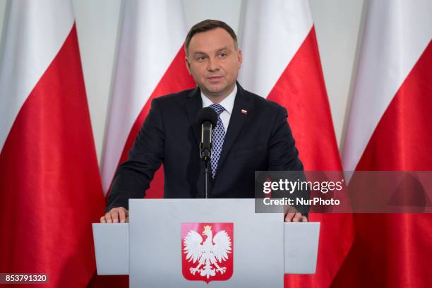 President of Poland Andrzej Duda speaks during the press conference about Polish judicary system reforms at Presidential Palace in Warsaw, Poland on...