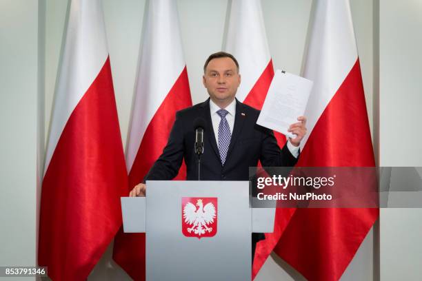 President of Poland Andrzej Duda speaks during the press conference about Polish judicary system reforms at Presidential Palace in Warsaw, Poland on...