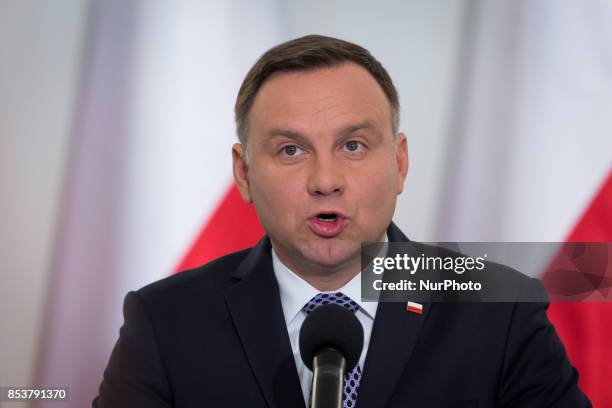 President of Poland Andrzej Duda speaks during the press conference about Polish judicary system reforms at Presidential Palace in Warsaw, Poland on...