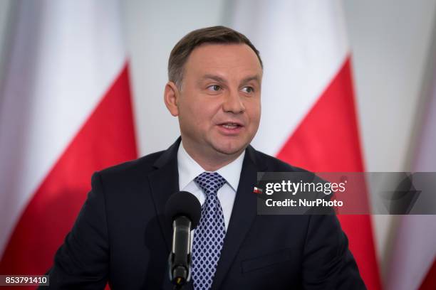 President of Poland Andrzej Duda speaks during the press conference about Polish judicary system reforms at Presidential Palace in Warsaw, Poland on...