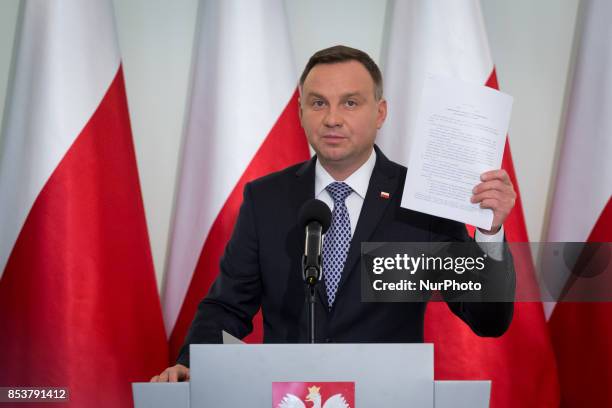 President of Poland Andrzej Duda speaks during the press conference about Polish judicary system reforms at Presidential Palace in Warsaw, Poland on...