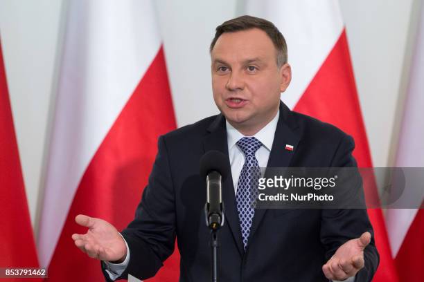 President of Poland Andrzej Duda speaks during the press conference about Polish judicary system reforms at Presidential Palace in Warsaw, Poland on...