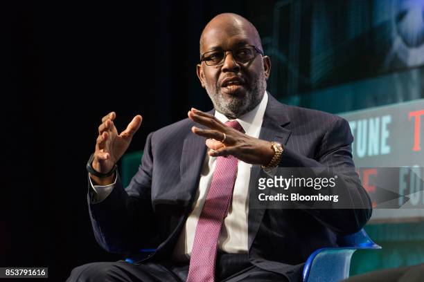 Bernard Tyson, chairman and chief executive officer, speaks during the CEO Initiative event in New York, U.S., on Monday, Sept. 25, 2017. The CEO...
