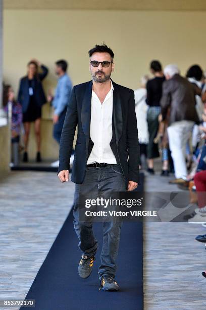 Designer Alessandro de Benedetti walks the runway at the Mila Schon Ready to Wear Spring/summer 2018 fashion show during Milan Fashion Week...