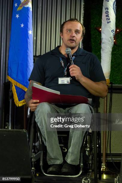 Wounded Warrior Air Force Staff Sergeant Brian Schiefer speaks about his experience at the UCLA Operation Mend 10 Year Anniversary at the Home of...