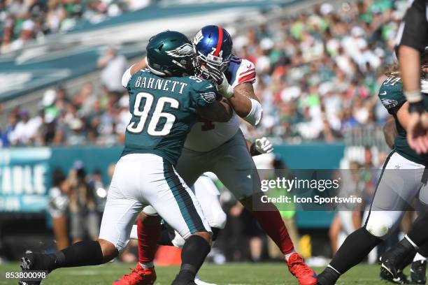 Philadelphia Eagles defensive end Derek Barnett is blocked by New York Giants offensive tackle Ereck Flowers during a NFL football game between the...