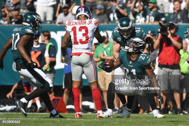 Philadelphia Eagles defensive back Patrick Robinson intercepts a pass intended for New York Giants wide receiver Odell Beckham during a NFL football...