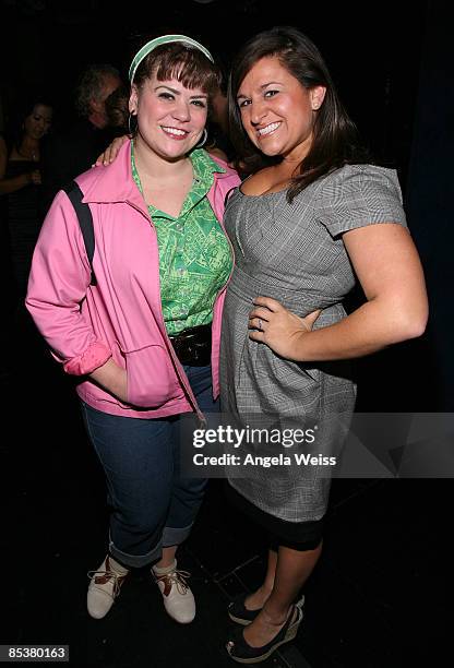 Singers Bridie Carroll and Sarah Donaldson pose with "The Pink Ladies" backstage at the opening night of "Grease" at The Pantages Theater on March...