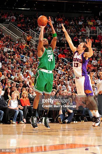 Paul Pierce of the Boston Celtics shoots a jump shot against Steve Nash of the Phoenix Suns during the game at US Airways Center on February 22, 2009...