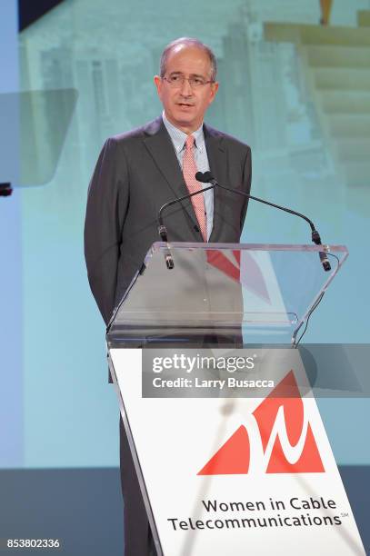 Chairman and CEO of the Comcast Corporation Brian L. Roberts speaks onstage during the WICT Leadership Conference Touchstones Luncheon at Marriott...