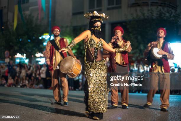 One of the dancers participating in the night parade of the representation of the last landing of Carlos V in Laredo, Spain, on 24 September 2017....