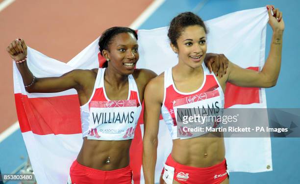 England's Jodie Williams after finishing second as she poses with team mate Bianca Williams who finished third in the Women's 200m Final at Hampden...