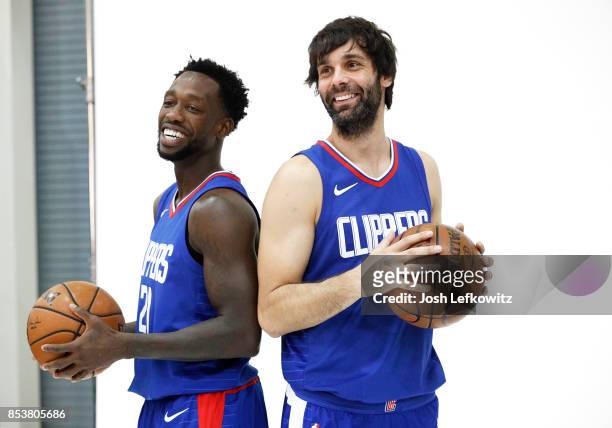 Patrick Beverly and Milos Teodosic of the Los Angeles Clippers pose for a photo during media day at the Los Angeles Clippers Training Center on...