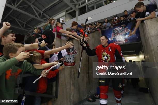 Dion Phaneuf of the Ottawa Senators takes to the ice to face the New Jersey Devils during Kraft Hockeyville Canada on September 25, 2017 at Credit...