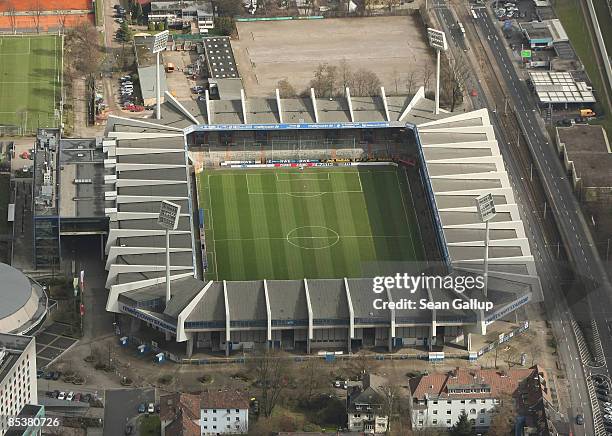 The Ruhrstadion Bochum football stadium is visible in this aerial view on March 11, 2009 in Bochum, Germany. Ruhrstadion Bochum is the home of the...