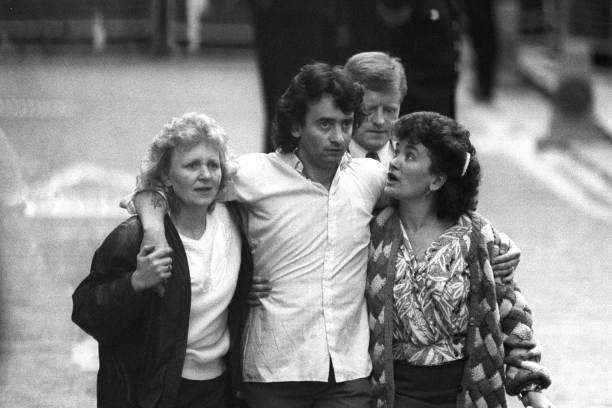 Gerard Conlon, the first of the Guildford Four to be freed, with his sisters Bridie Brennan and Ann McKernan outside the Old Bailey in London.
