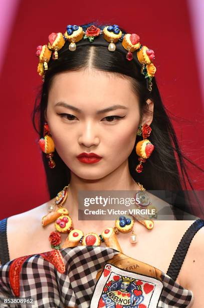 Model walks the runway at the Dolce & Gabbana Ready to Wear Spring/Summer 2018 fashion show during Milan Fashion Week Spring/Summer 2018 on September...