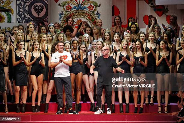 Fashion designers Stefano Gabbana and Domenico Dolce walk the runway at the Dolce & Gabbana Ready to Wear Spring/Summer 2018 fashion show during...