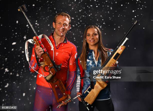 Biathlete Lowell Bailey and Paralympic Nordic Skiier Oksana Masters pose for a portrait during the Team USA Media Summit ahead of the PyeongChang...