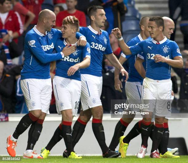 Rangers' Lewis Macleod celebrates his goal with his team mates during the Petrofac Training Cup match at Ibrox, Glasgow.