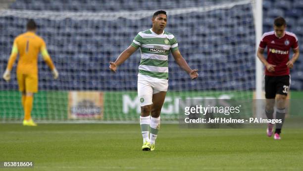 Celtic's Emilio Izaguirre hangs his head after Legia goal scorer Michal Zyro scored during the Champions League Qualifying at Murrayfield, Edinburgh.