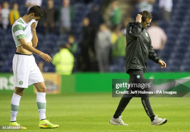 Celtic Nir Bitton and manager Ronny Deila after the Champions League Qualifying at Murrayfield, Edinburgh.