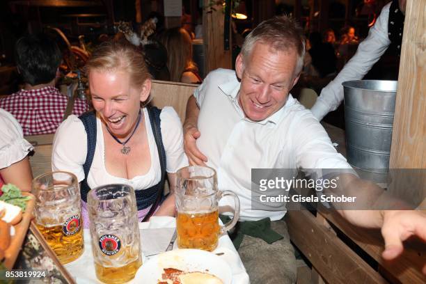 Johannes B. Kerner and his sister Julia during the Oktoberfest at Kaeferzelt at Theresienwiese on September 25, 2017 in Munich, Germany.