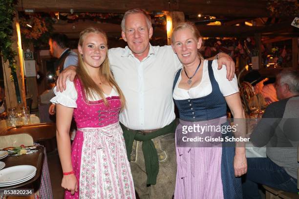 Johannes B. Kerner and his sister Julia and daughter Emily Blommer Kerner during the Oktoberfest at Kaeferzelt at Theresienwiese on September 25,...