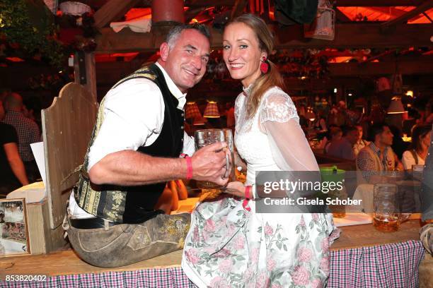 Renata Kochta and her husband Thomas Frank during the Oktoberfest at Kaeferzelt at Theresienwiese on September 25, 2017 in Munich, Germany.