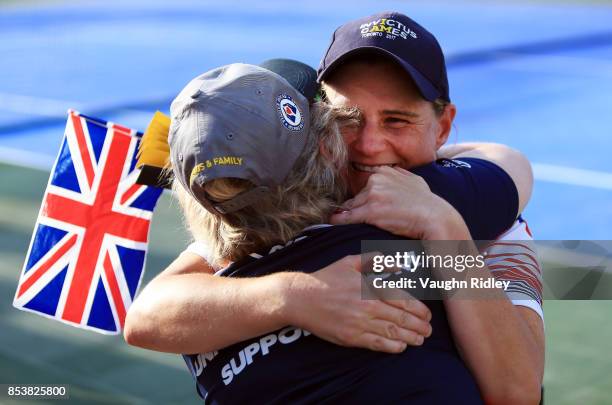 Cornelia Oosthuizen of the United Kingdom celebrates victory in the Wheelchair Tennis Bronze medal match against Sean Lawler and Stewart Sherman of...