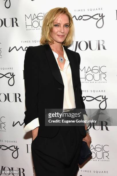 Actress Uma Thurman attends the celebration of DuJour's fall cover star Uma Thurman at The Magic Hour at Moxy Times Square on September 25, 2017 in...