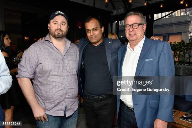 Douglas Reed, Tirath Kamdar and Andrew Block attend the celebration of DuJour's fall cover star Uma Thurman at The Magic Hour at Moxy Times Square on...