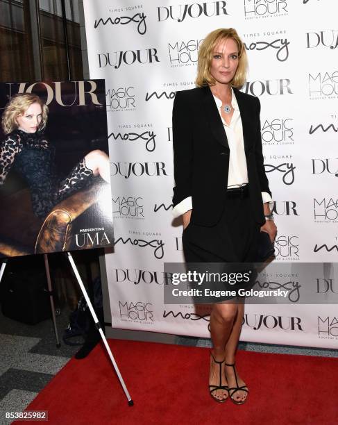 Actress Uma Thurman attends the celebration of DuJour's fall cover star Uma Thurman at The Magic Hour at Moxy Times Square on September 25, 2017 in...