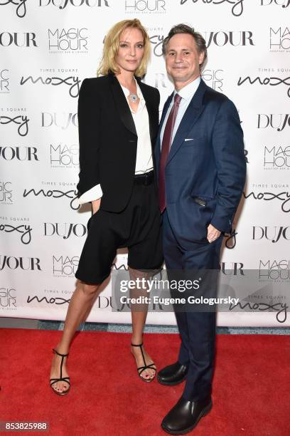 Actress Uma Thurman and DuJour Media founder Jason Binn attend the celebration of DuJour's fall cover star Uma Thurman at The Magic Hour at Moxy...