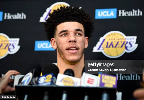 Lonzo Ball of the Los Angeles Lakers speaks during media day September 25 in El Segundo, California. NOTE TO USER: User expressly acknowledges and...