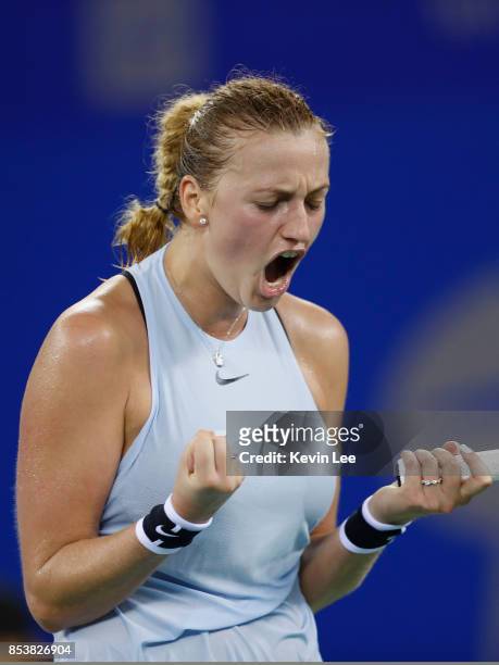 Petra Kvitova of Czech Republic reacts in a match against Peng Shuai of China in round 1 during Day 2 of 2017 Wuhan Open on September 25, 2017 in...
