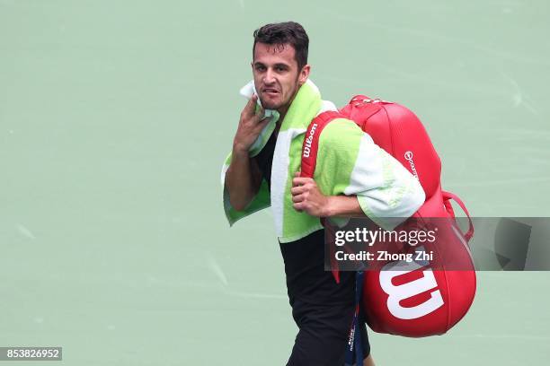 Mate Pavic of Croatia looks on after the match against Yuichi Sugita of Japan during Day 1 of 2017 ATP Chengdu Open at Sichuan International Tennis...